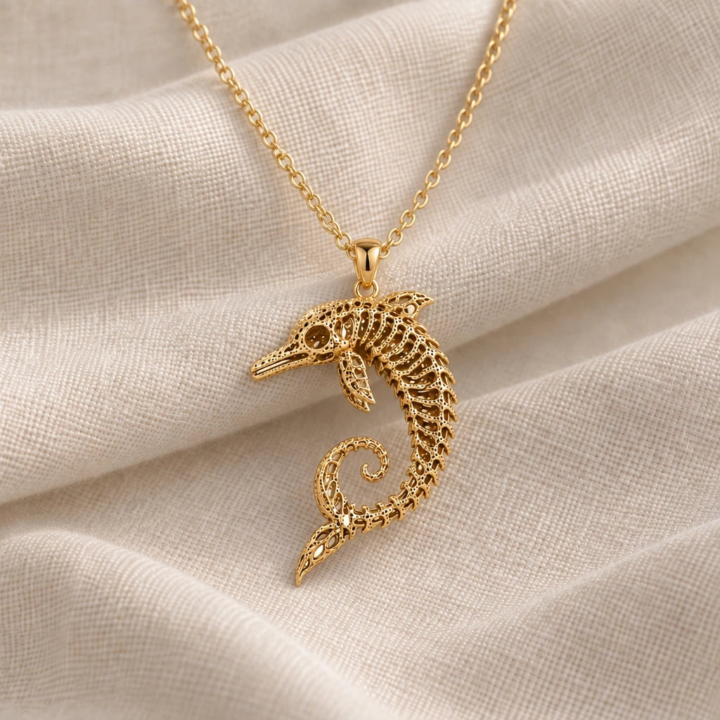 Ancient Dolphin Fossil Skeleton pendant necklace in an 18k gold plated finish