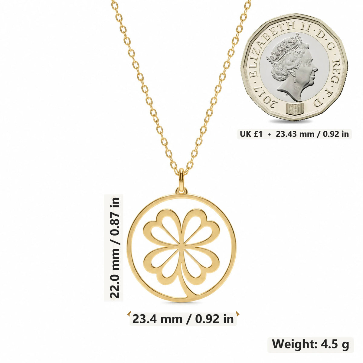 Four Leaf Clover pendant necklace size image showing 22 mm height and 23.4 mm width and 4.5 g weight