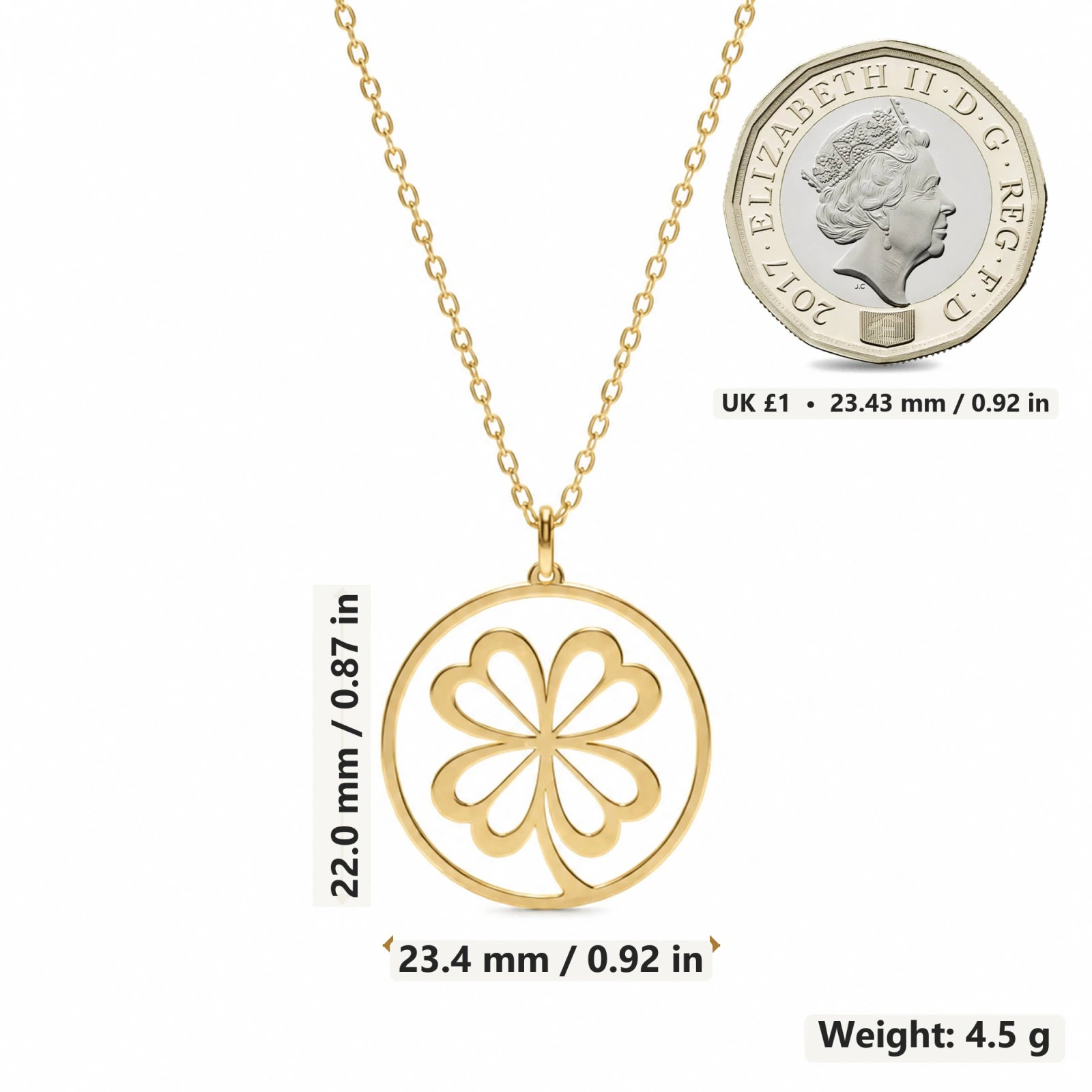 Four Leaf Clover pendant necklace size image showing 22 mm height and 23.4 mm width and 4.5 g weight