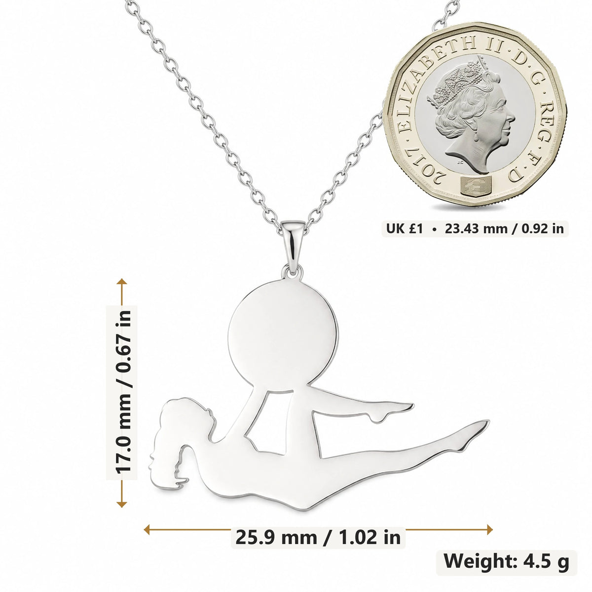 Yoga Bow Pose pendant necklace size image showing 17.0 mm height, 25.9 mm width and 4.5 g weight