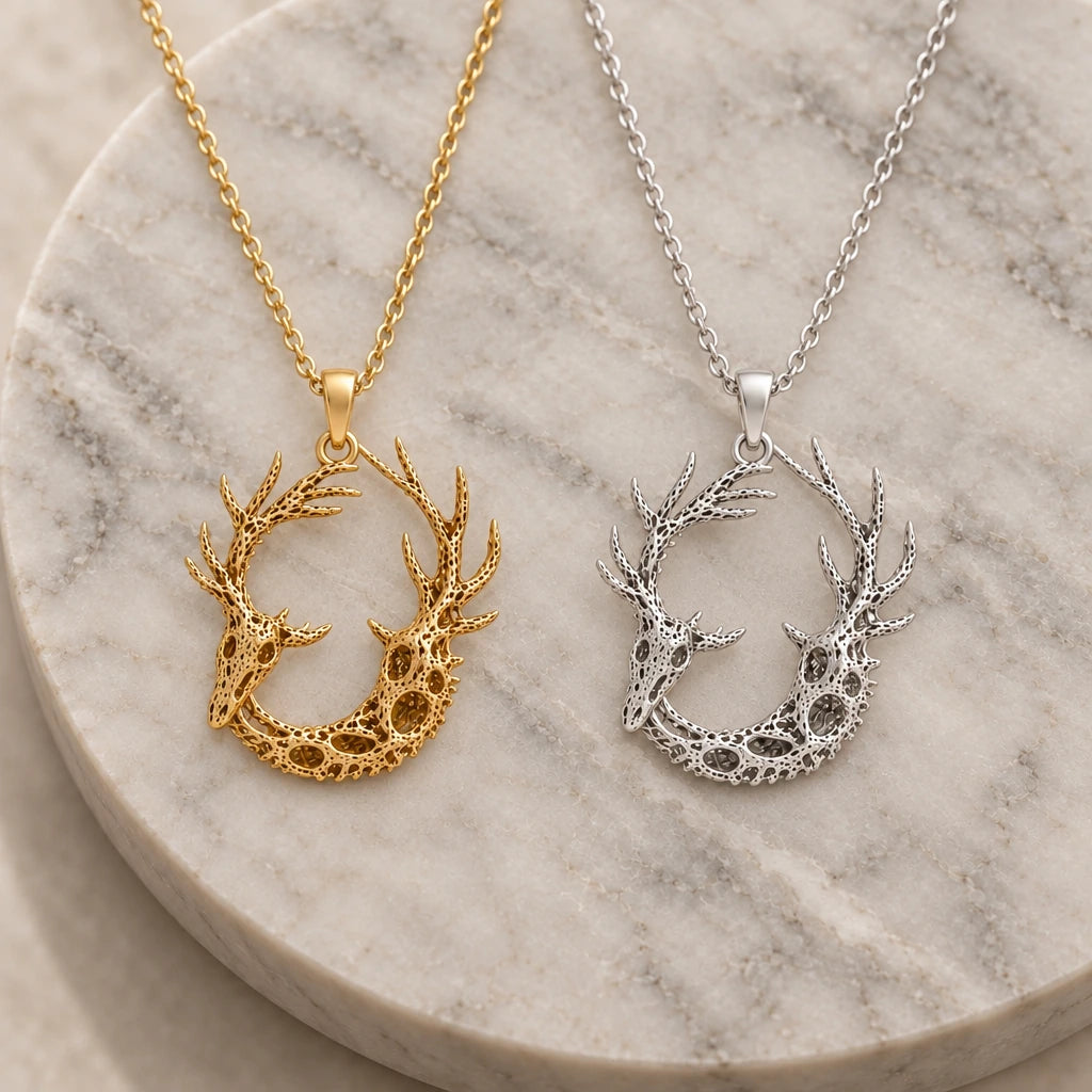 Fossil Deer Antler Ring pendant necklace in silver and gold finishes side by side