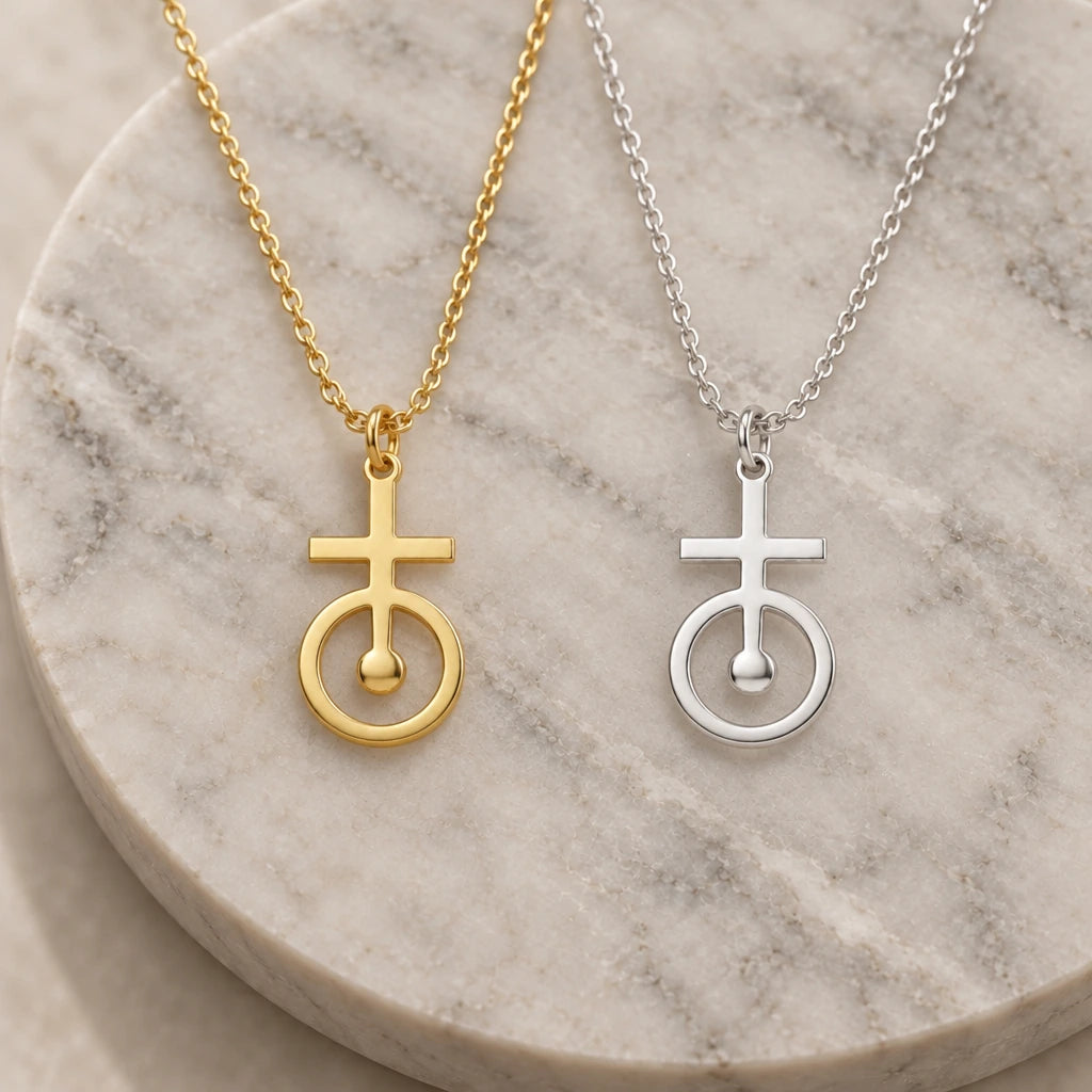 Antimony Cross Circle pendant necklace in silver and gold finishes side by side
