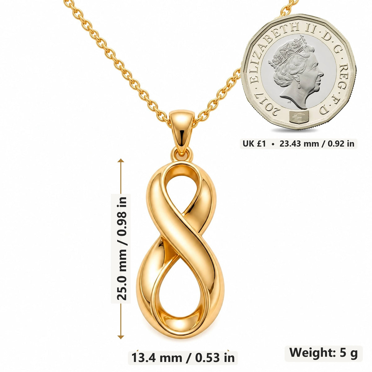 Infinity Fold pendant necklace size image showing 25.0 mm height, 13.4 mm width and 5 g weight