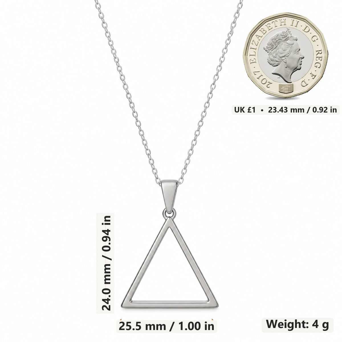 Water Element Triangle pendant necklace size image showing 24 mm height and 25.5 mm width and 4 g weight