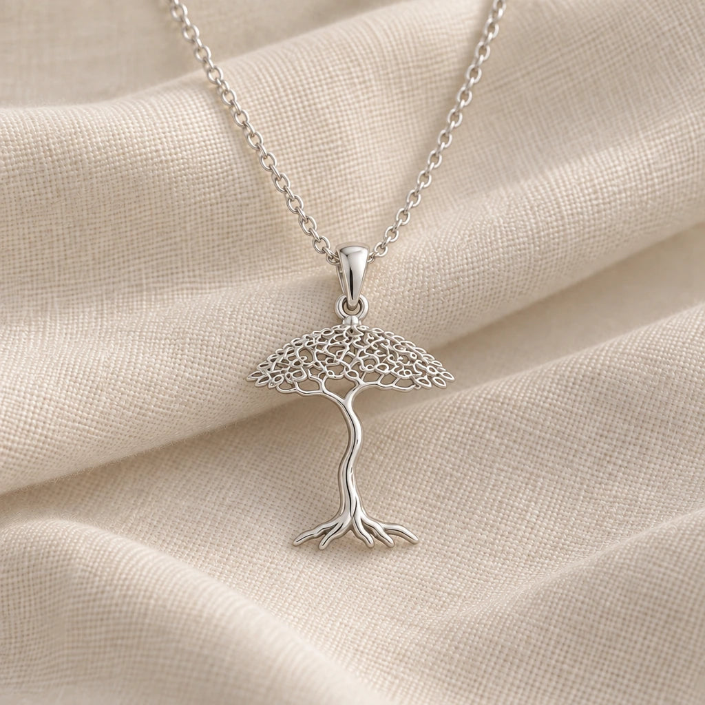 925 sterling silver aspen whisper bonsai pendant necklace on cream fabric