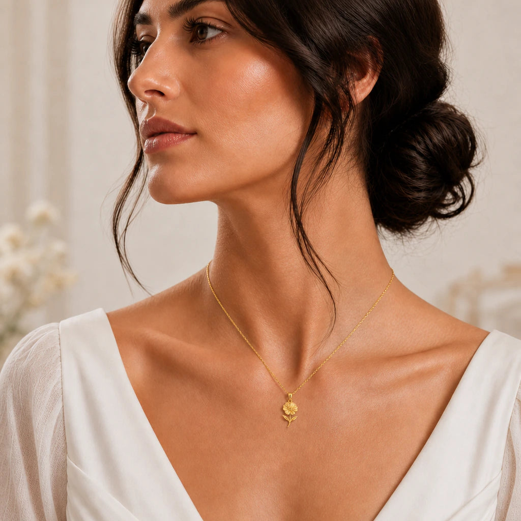Geranium flower pendant necklace worn by a model