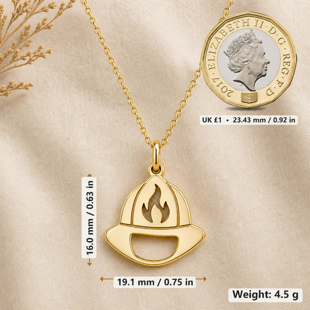 Firefighter Helmet Pendant Necklace size guide, 16 by 19.1 mm