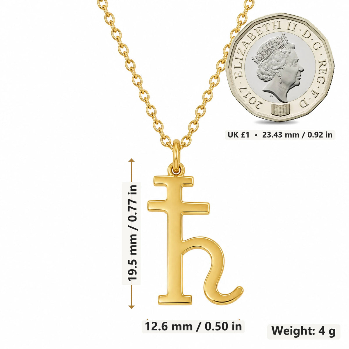 Saturn Symbol pendant necklace size image showing 19.5 mm height and 12.6 mm width and 4 g weight