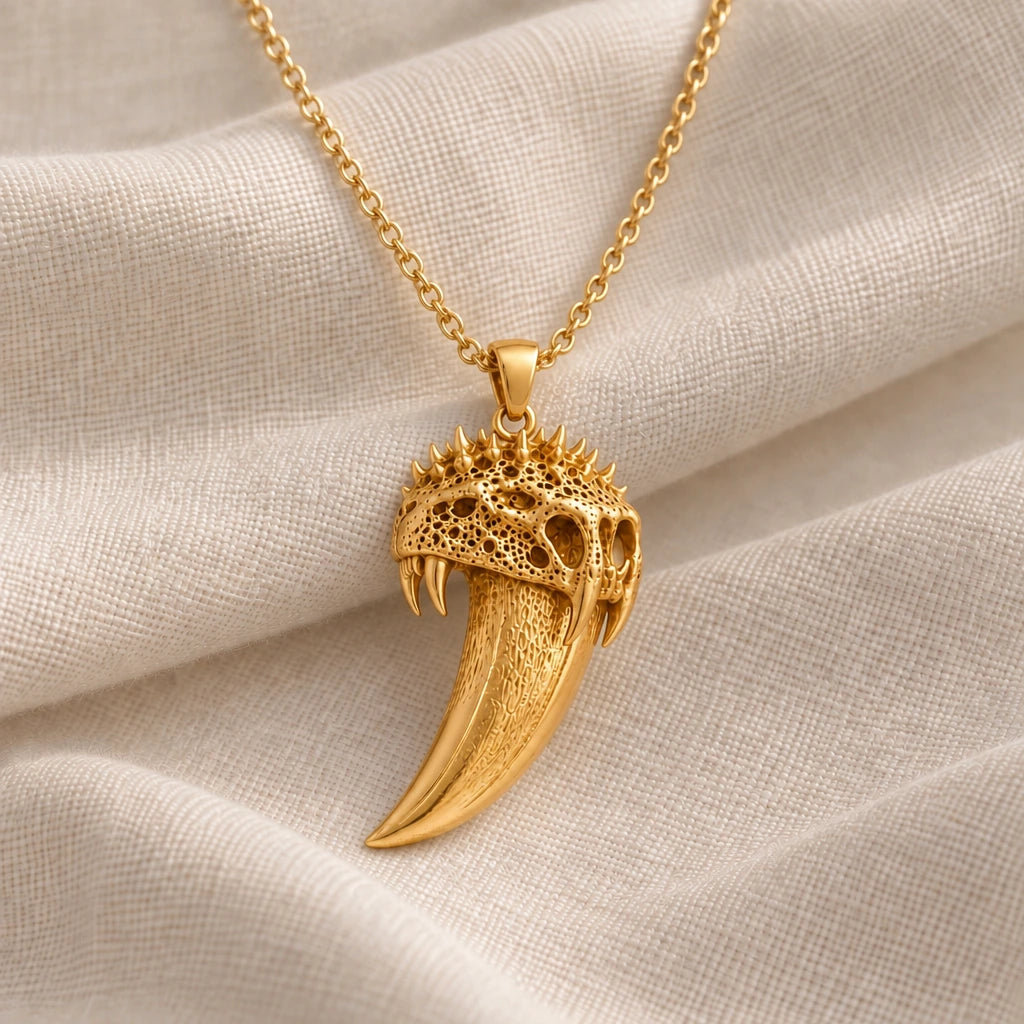Ancient Sabre Tooth Fang pendant necklace in an 18k gold plated finish