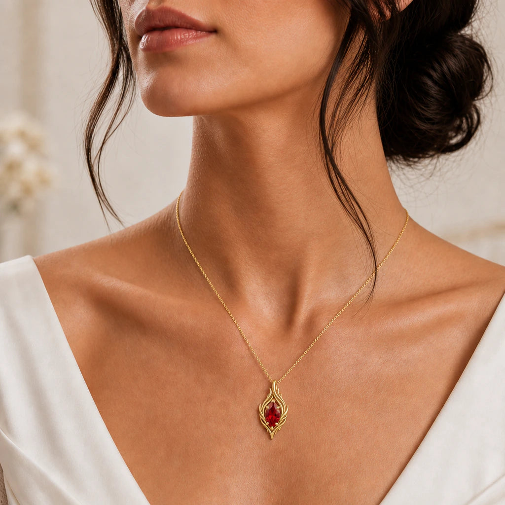 Flowing Flame Birthstone Pendant Necklace worn, second view