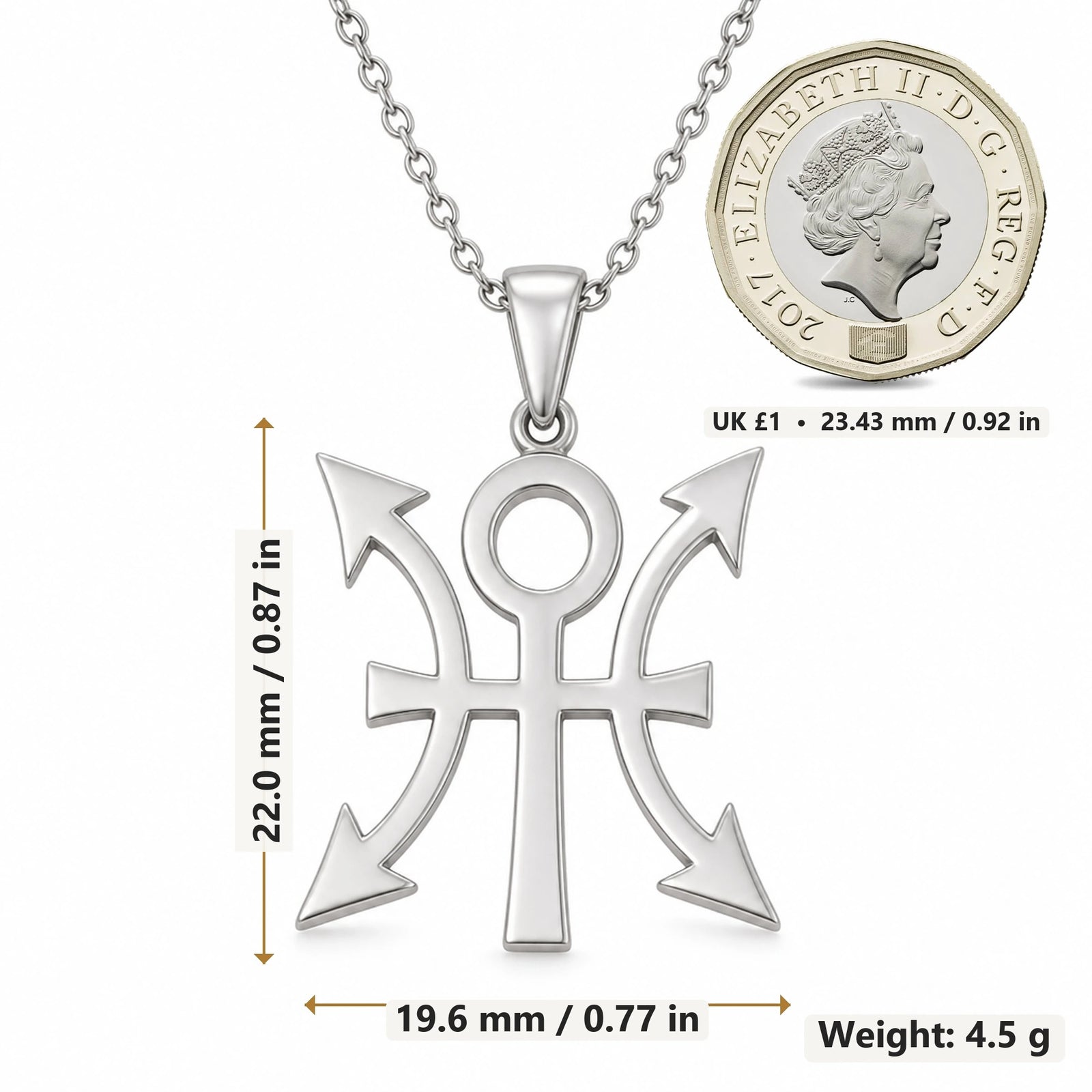 Cetus Asteroid Symbol pendant necklace size image showing 22.0 mm height, 19.6 mm width and 4.5 g weight