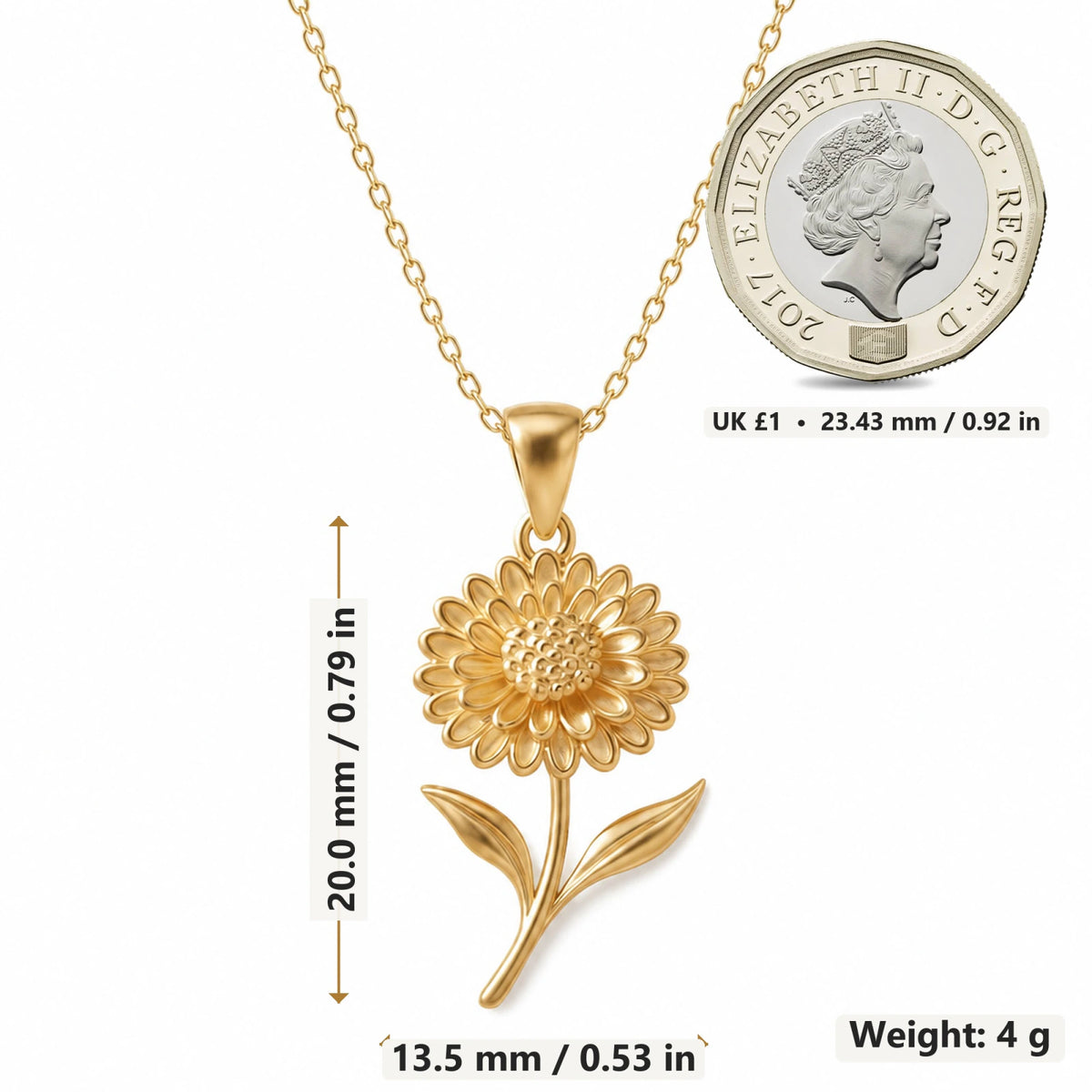 Chrysanthemum Bloom Flower pendant necklace size image showing 20 mm height and 13.5 mm width and 4 g weight