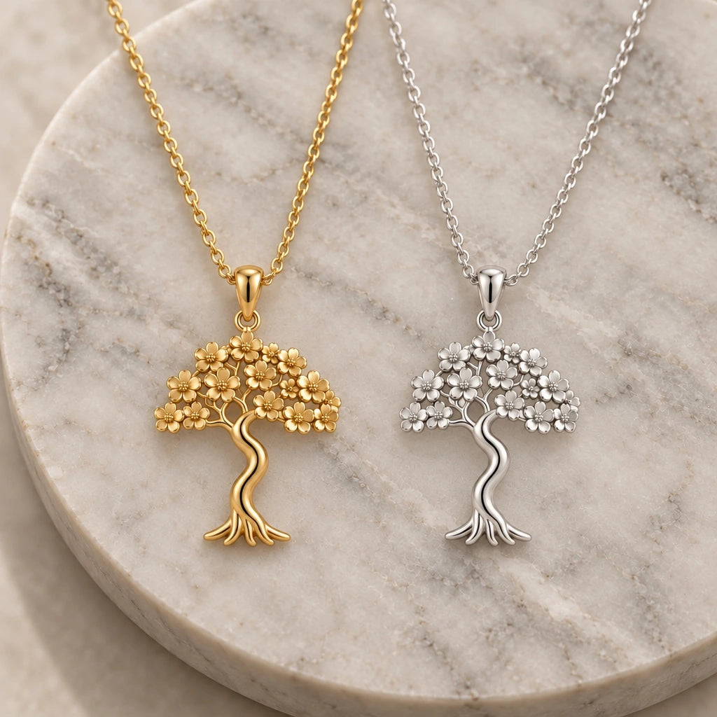 Sakura Bloom Tree pendant necklace in silver and gold finishes side by side
