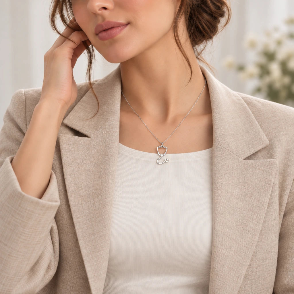 Stethoscope Outline pendant necklace worn by a model, lifestyle photograph