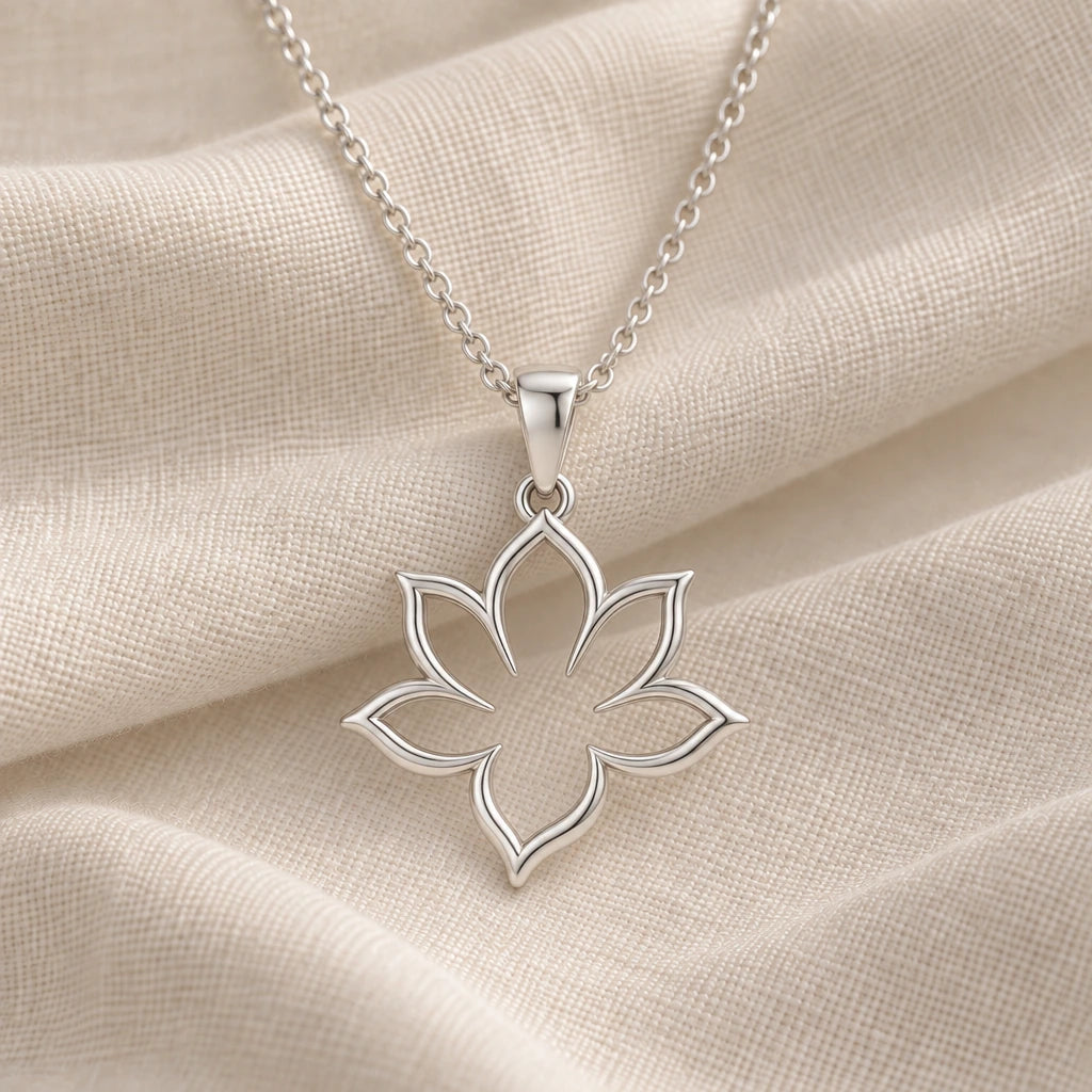 925 sterling silver silent bloom lotus outline pendant necklace on cream fabric