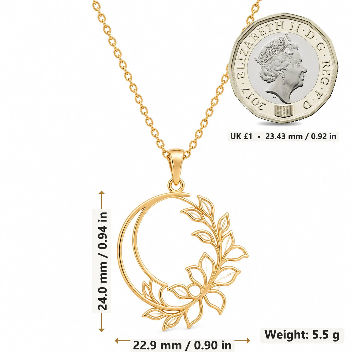 Crescent Petal Frame pendant necklace size image showing 24.0 mm height, 22.9 mm width and 5.5 g weight