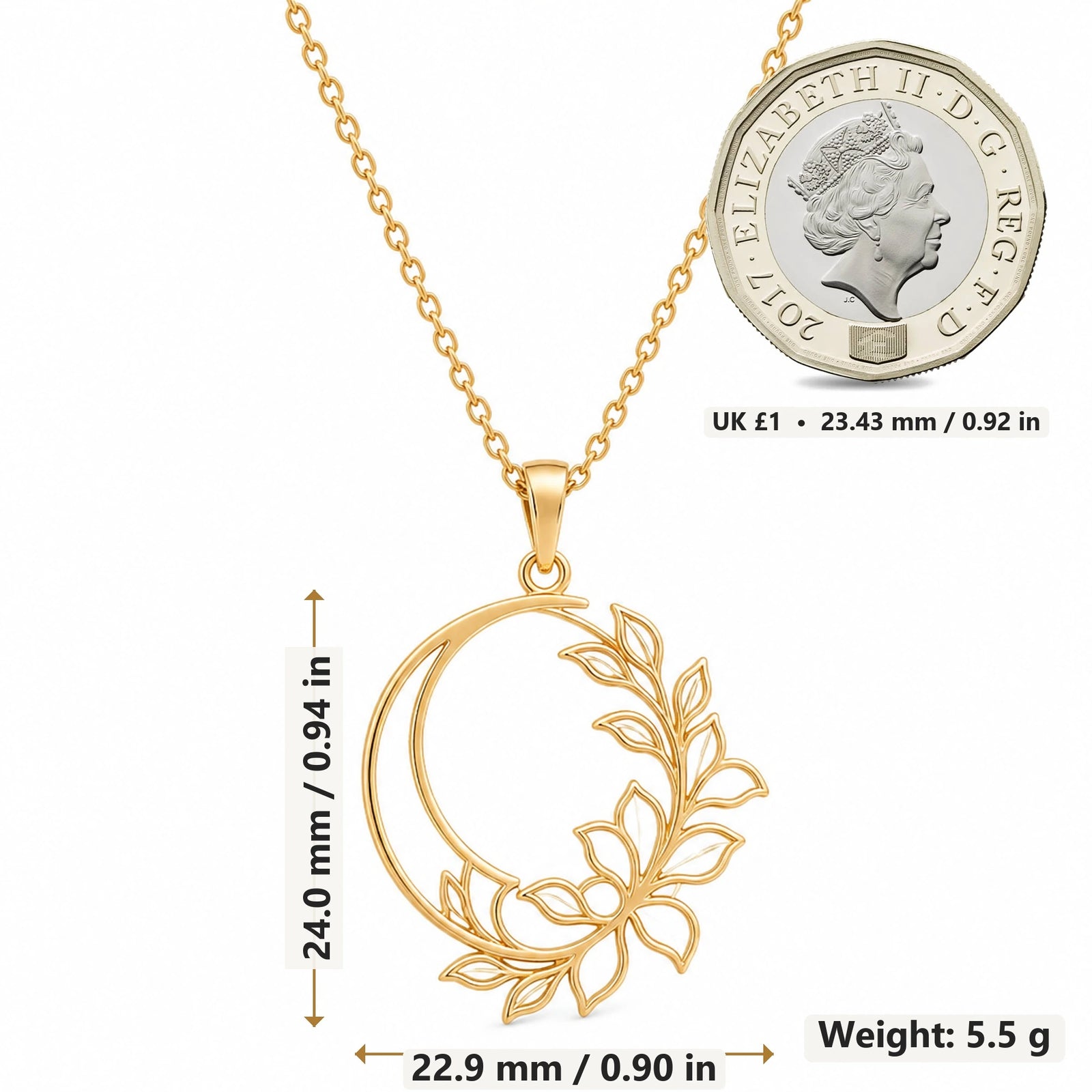 Crescent Petal Frame pendant necklace size image showing 24.0 mm height, 22.9 mm width and 5.5 g weight