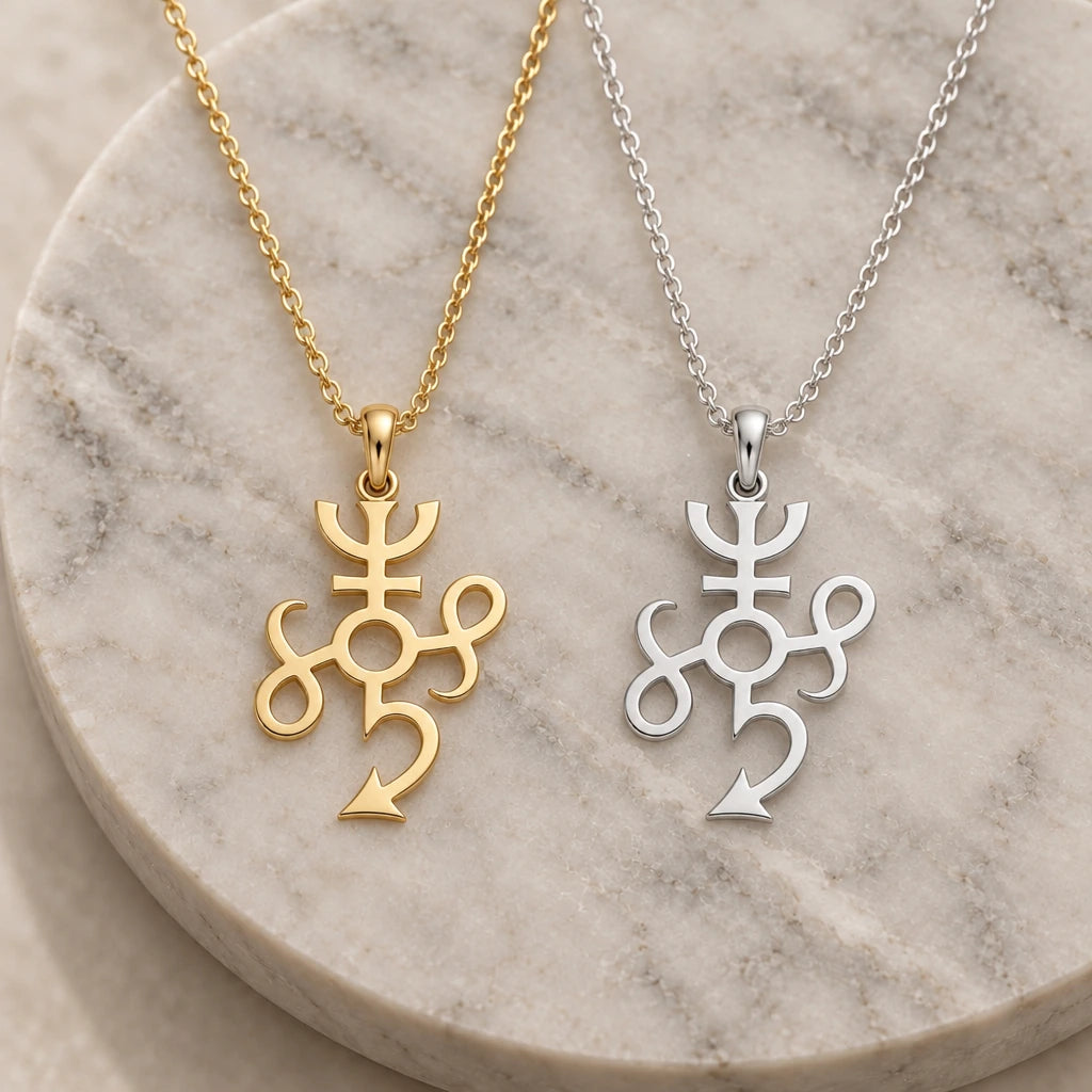 Typhon Compact Symbol pendant necklace in silver and gold finishes side by side