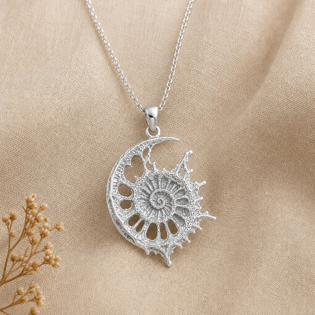 Celestial Ammonite Fossil Pendant Necklace in sterling silver