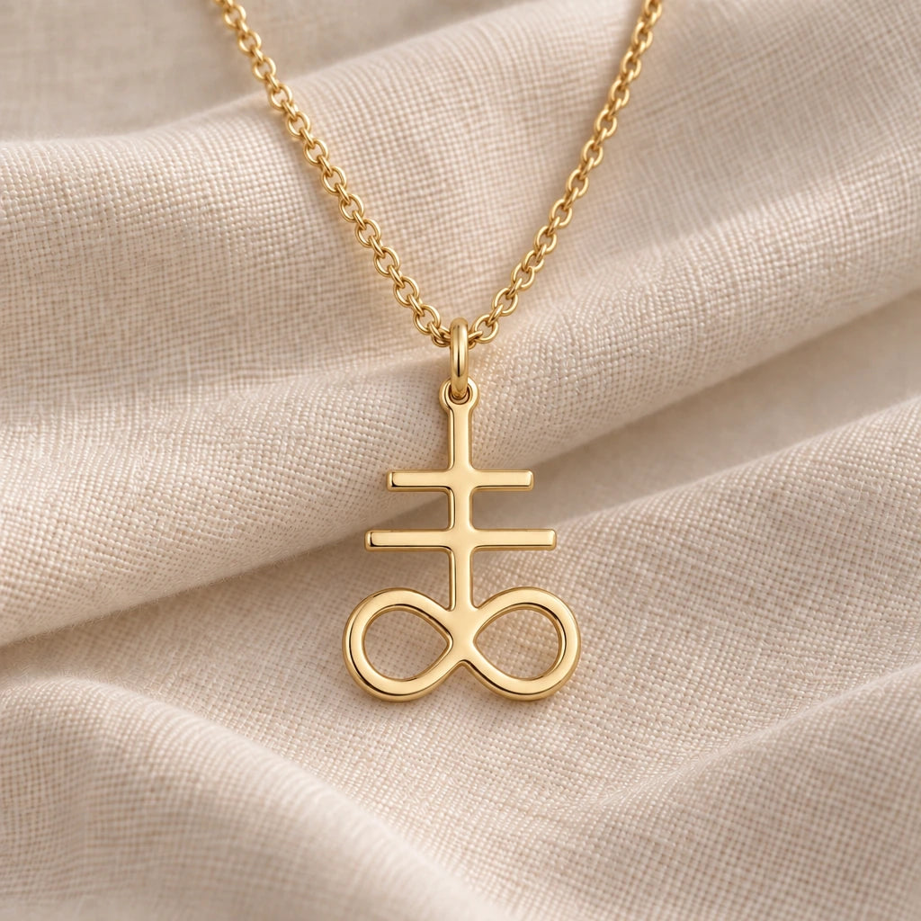Leviathan Cross Infinity pendant necklace in an 18k gold plated finish