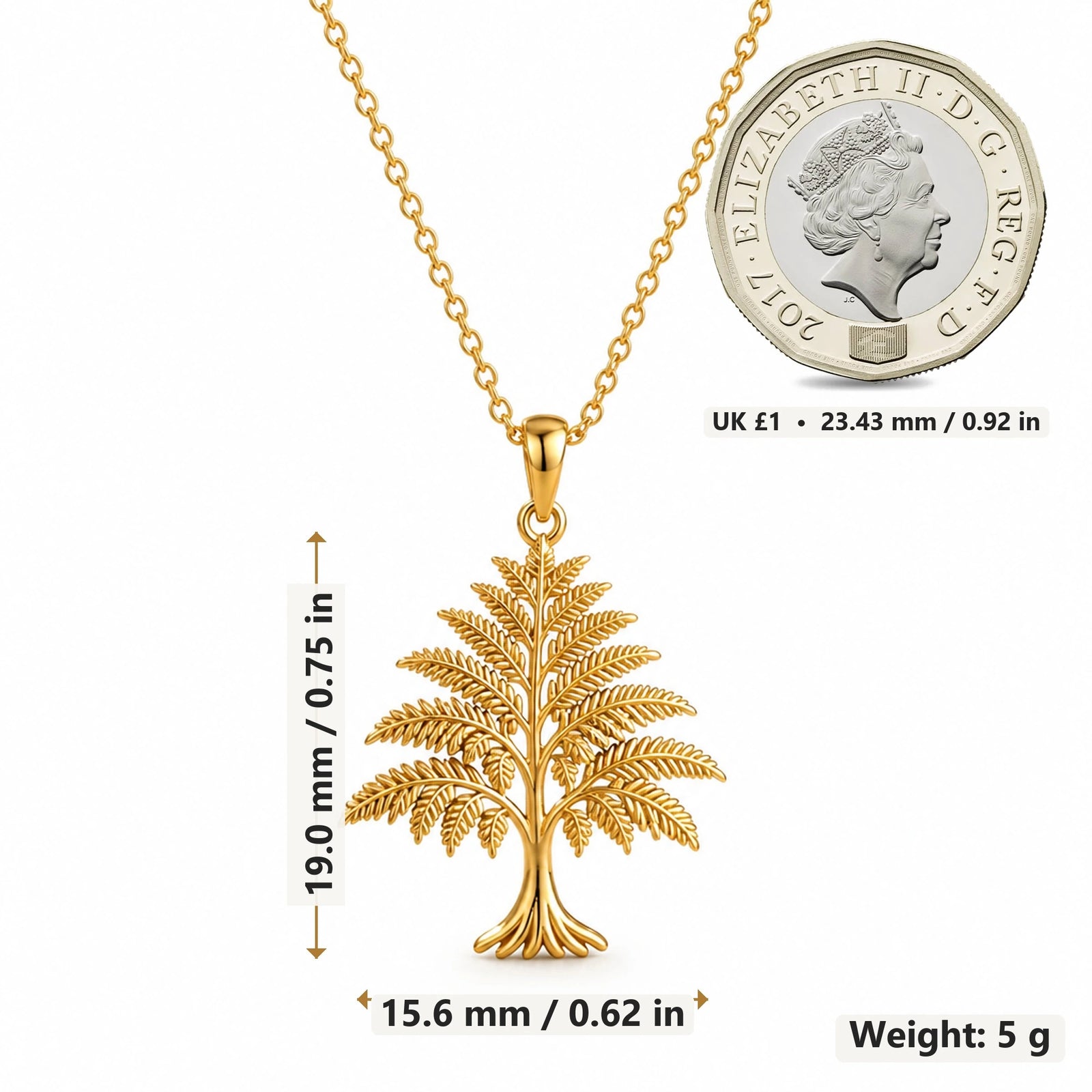 Fern Tree pendant necklace size image showing 19.0 mm height, 15.6 mm width and 5 g weight