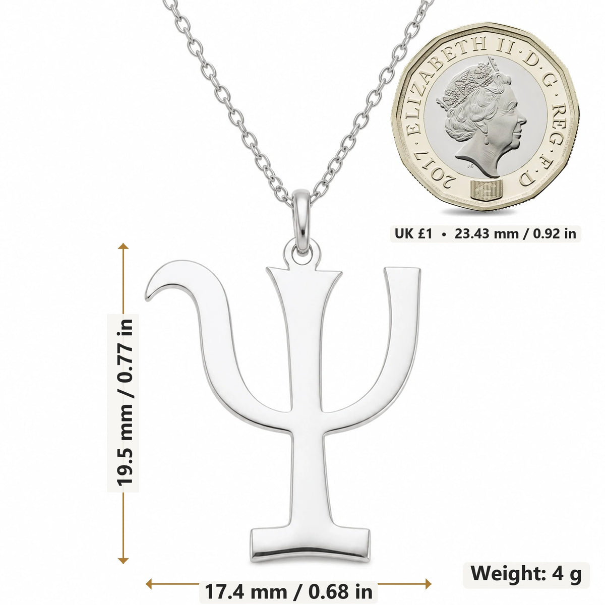 Psyche Asteroid Symbol pendant necklace size image showing 19.5 mm height, 17.4 mm width and 4 g weight