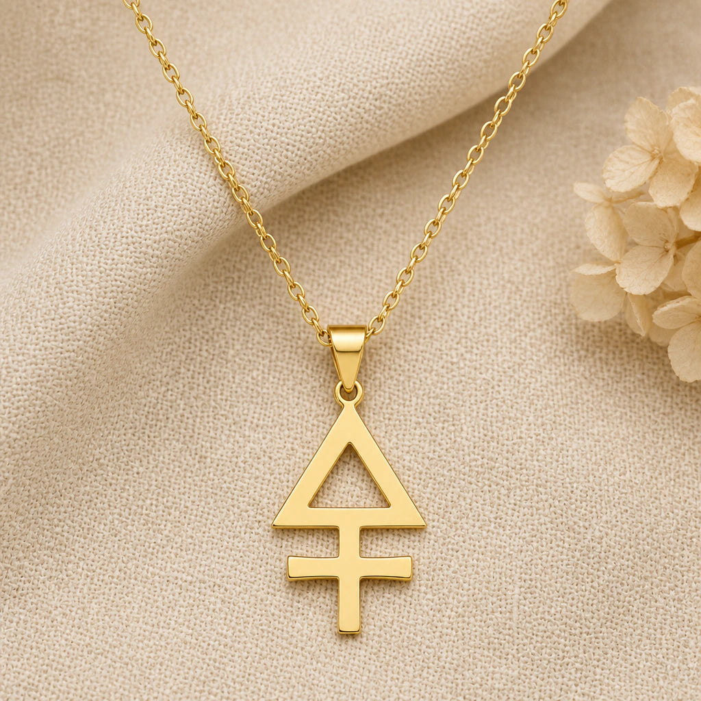 Sulphur Alchemy Symbol pendant necklace in a warm gold finish on cream fabric