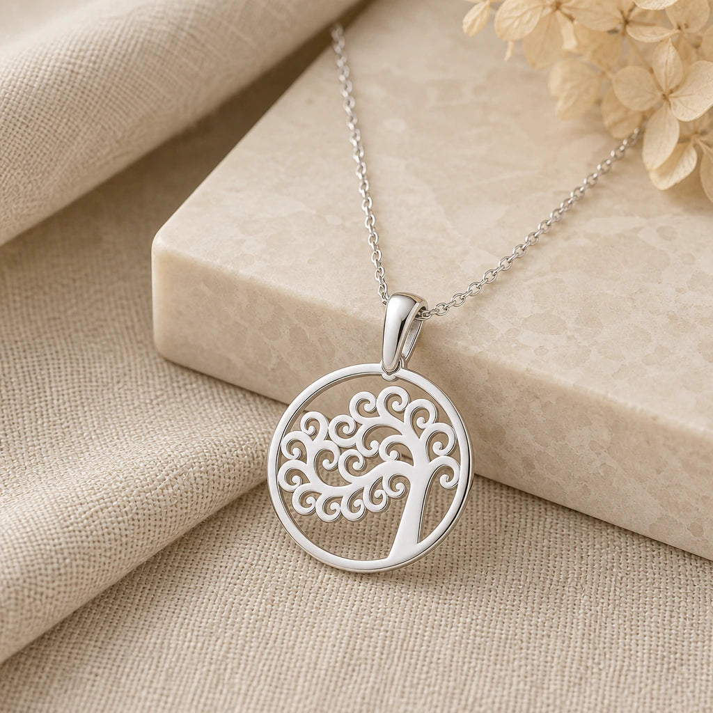 925 sterling silver tree of life circle pendant necklace on softly folded cream linen