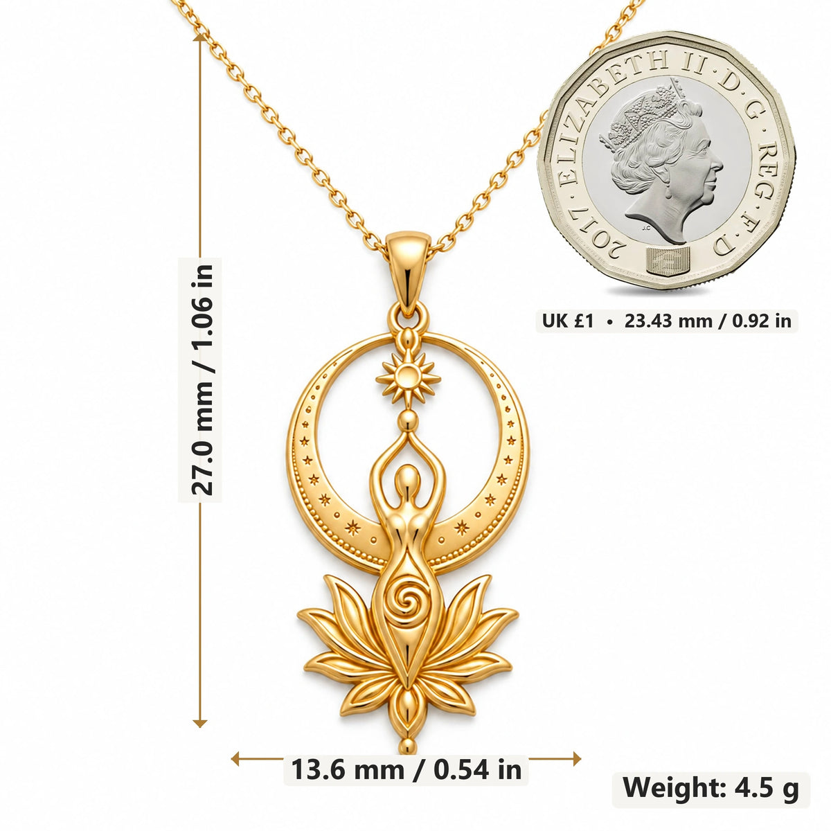 Divine Feminine Goddess pendant necklace size image showing 27.0 mm height, 13.6 mm width and 4.5 g weight