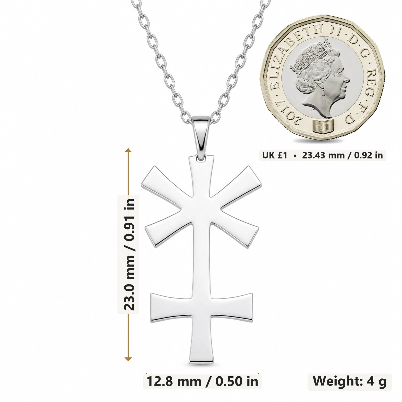 Juno Asteroid Symbol pendant necklace size image showing 23.0 mm height, 12.8 mm width and 4 g weight