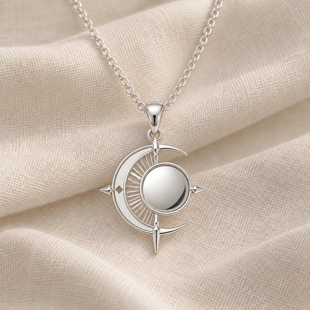925 sterling silver lunar eclipse pendant necklace on cream fabric