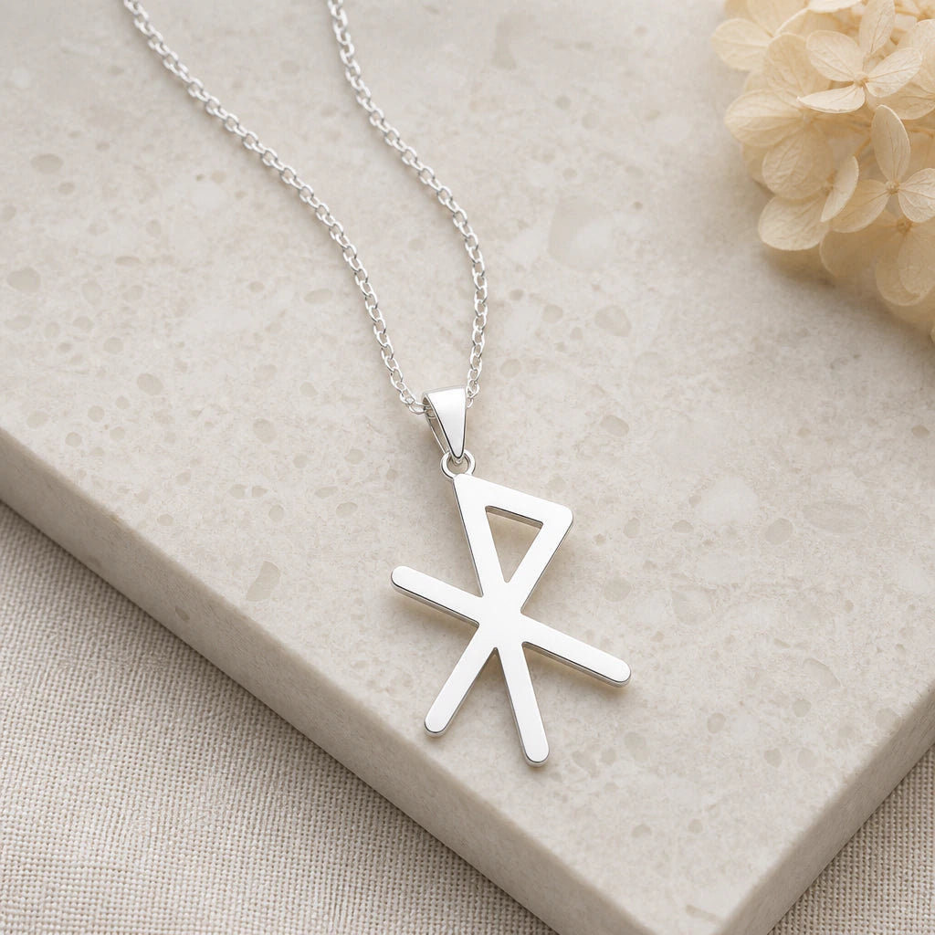 Close-up of silver viking rune of love pendant showing the sculpted detail