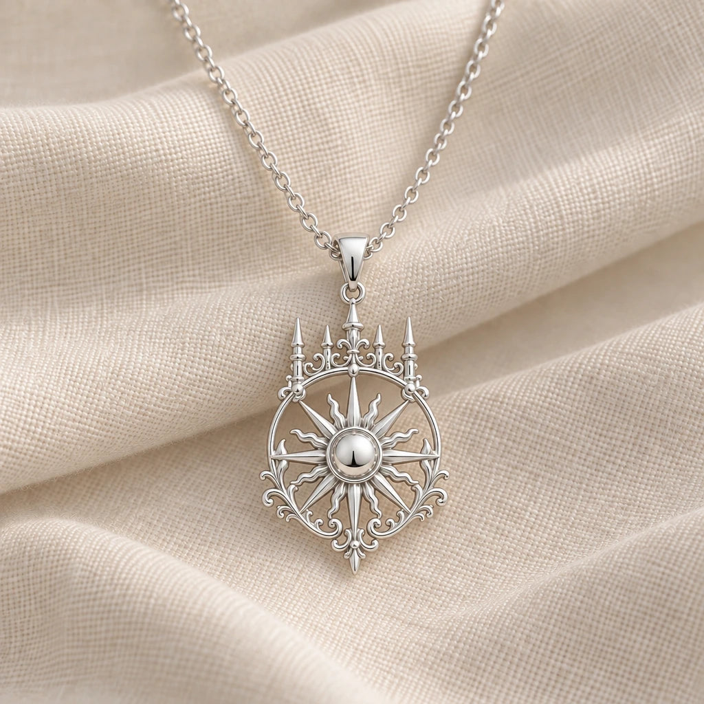 925 sterling silver royal sunspire pendant necklace on cream fabric