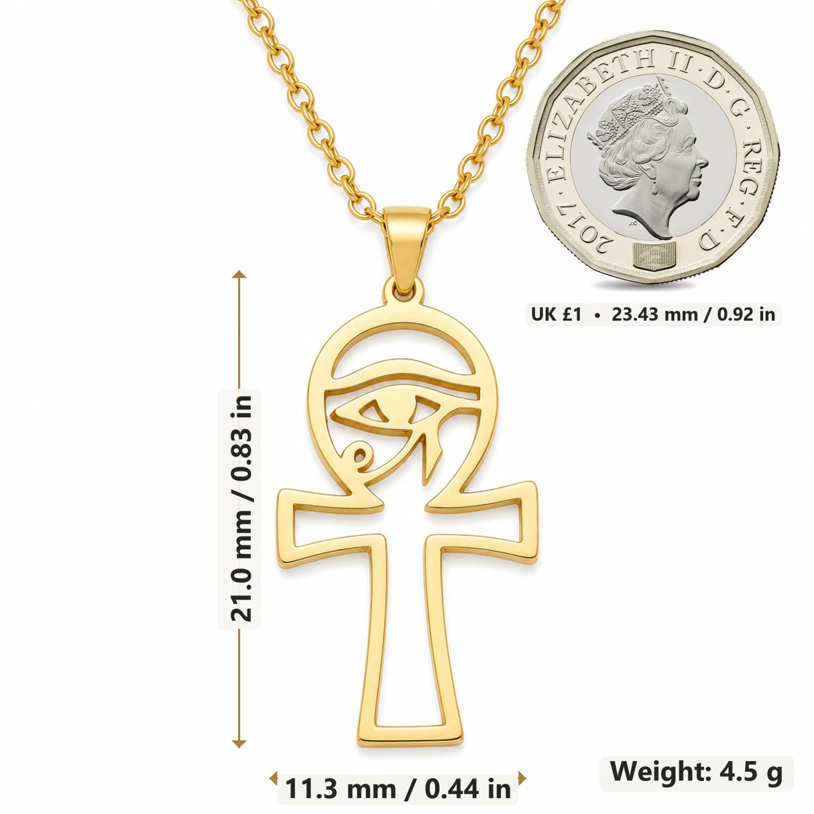 Egyptian Ankh Eye of Horus pendant necklace size image showing 21 mm height and 11.3 mm width and 4.5 g weight