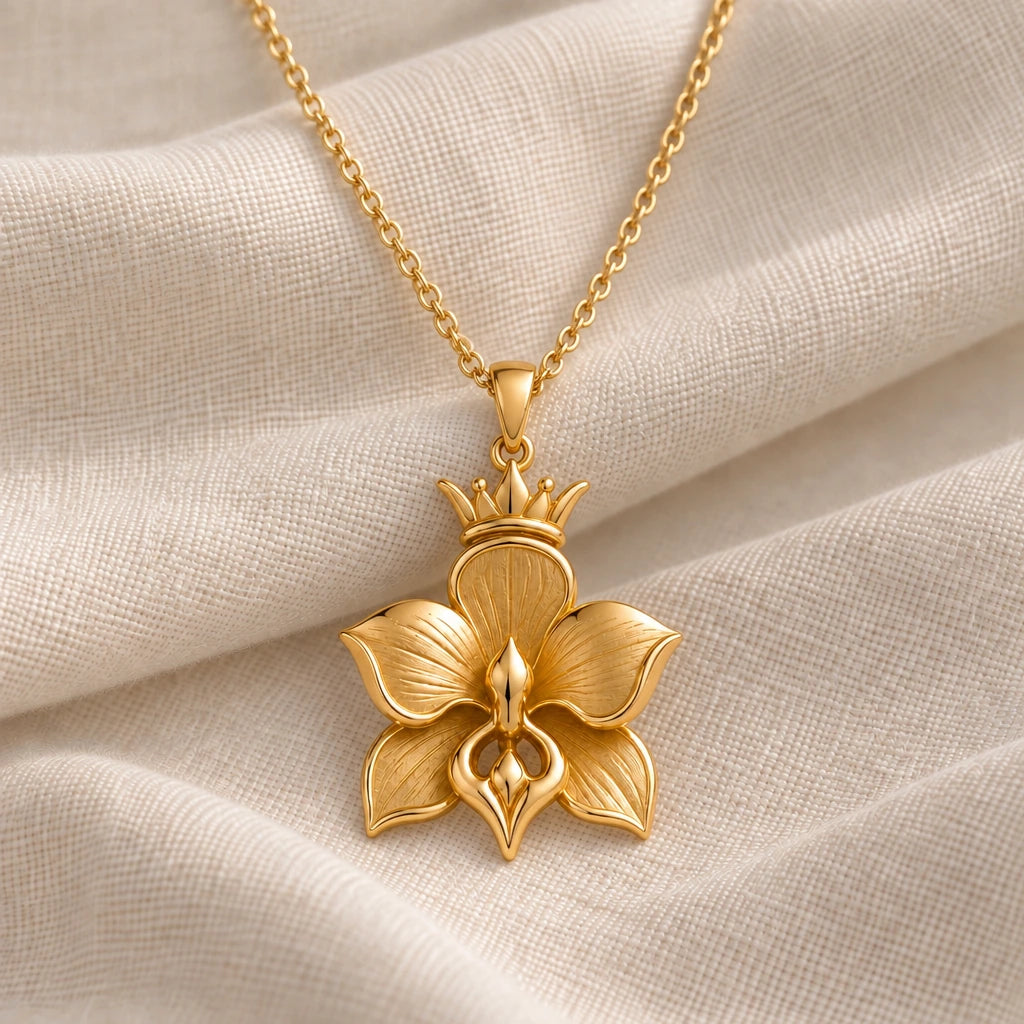 Crowned Orchid pendant necklace in an 18k gold plated finish