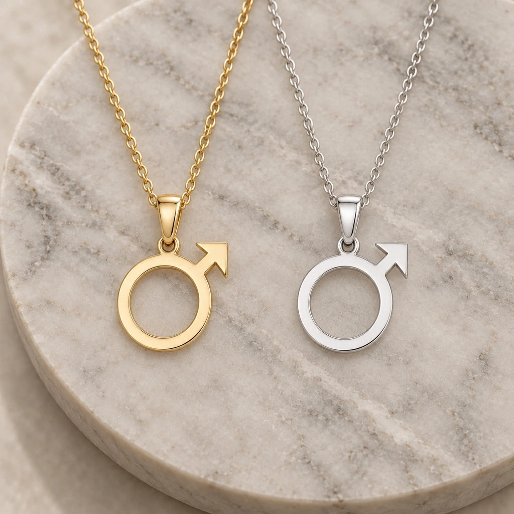 Mars Symbol pendant necklace in silver and gold finishes side by side