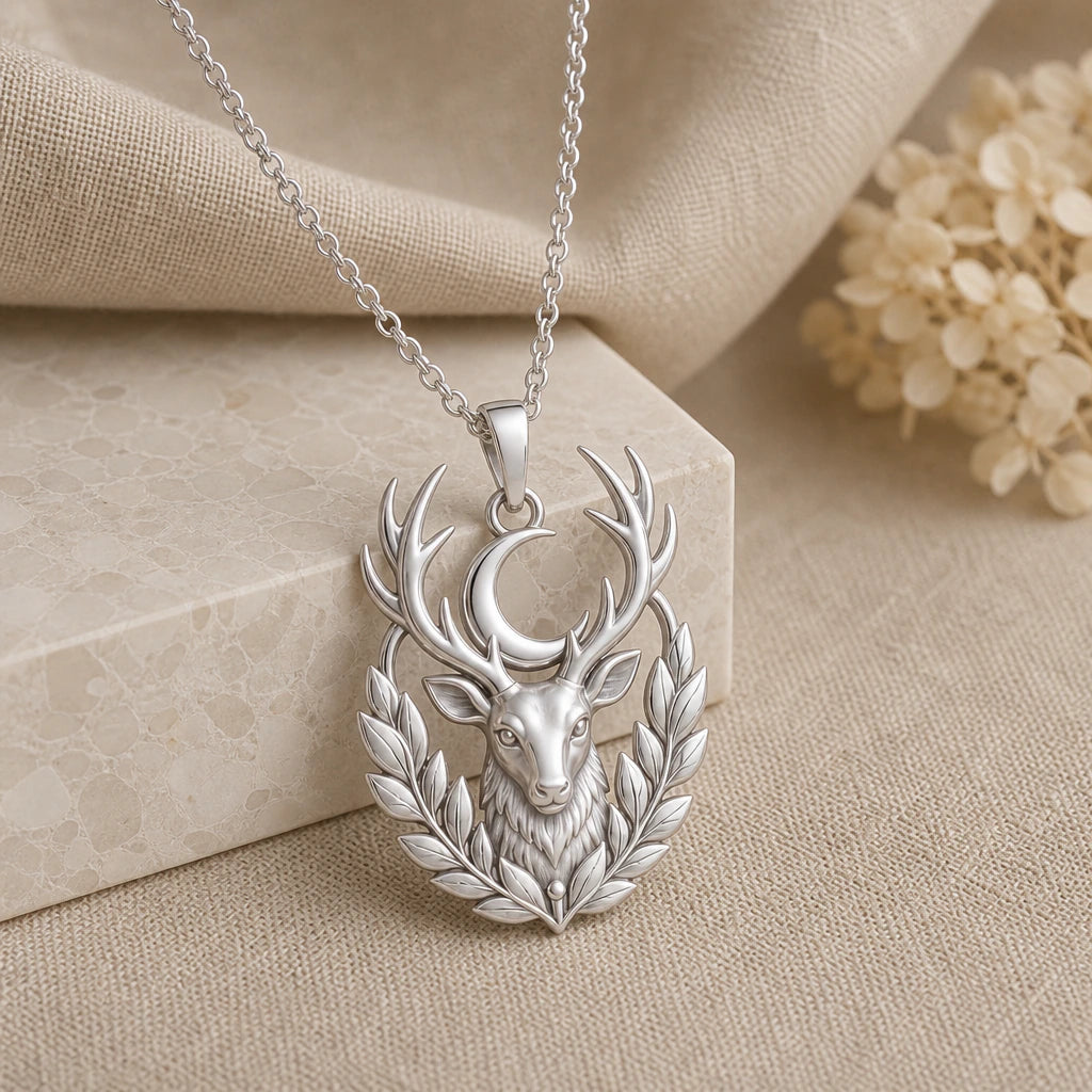 925 sterling silver moon stag pendant necklace on softly folded cream linen