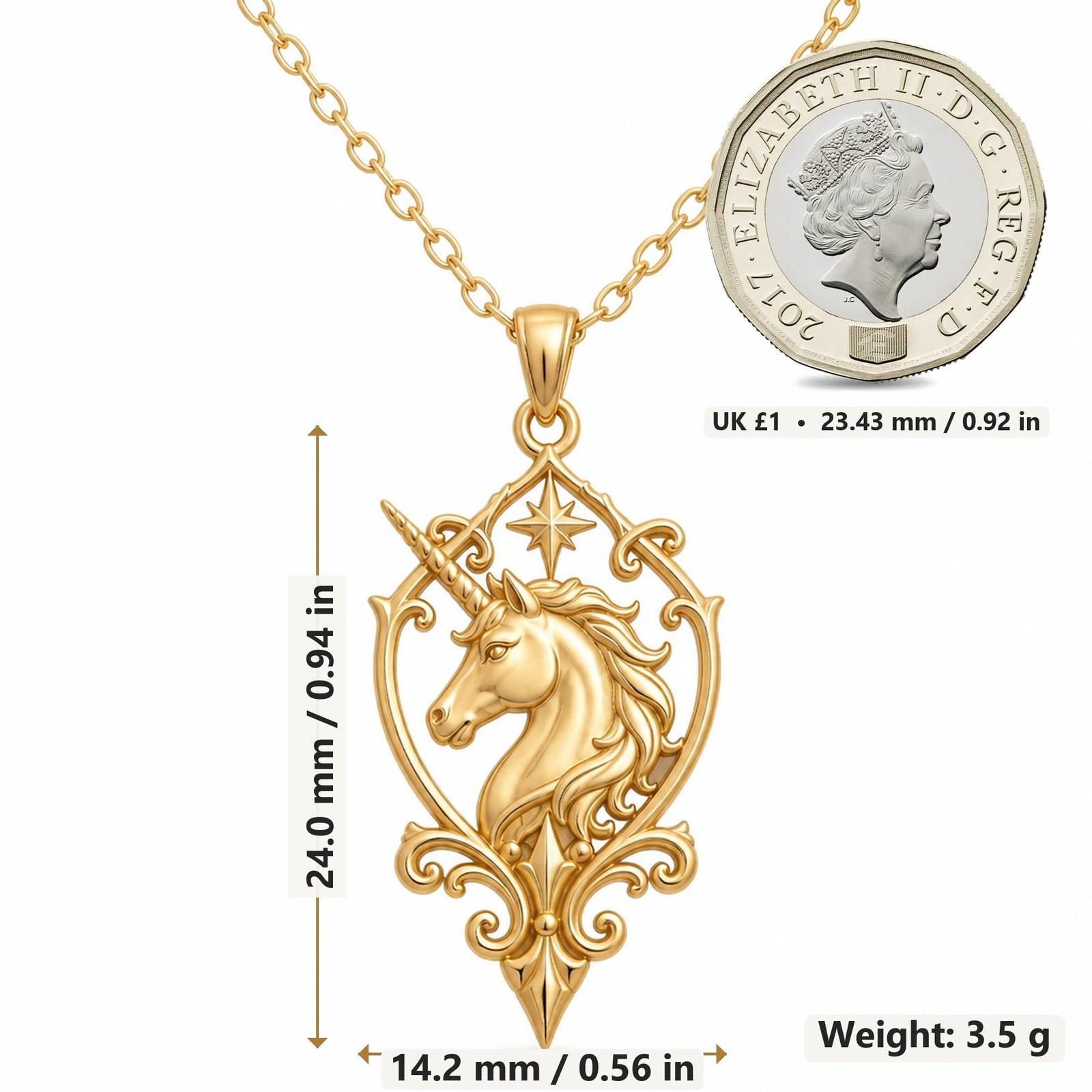 Unicorn Sigil pendant necklace size image showing 24.0 mm height, 14.2 mm width and 3.5 g weight