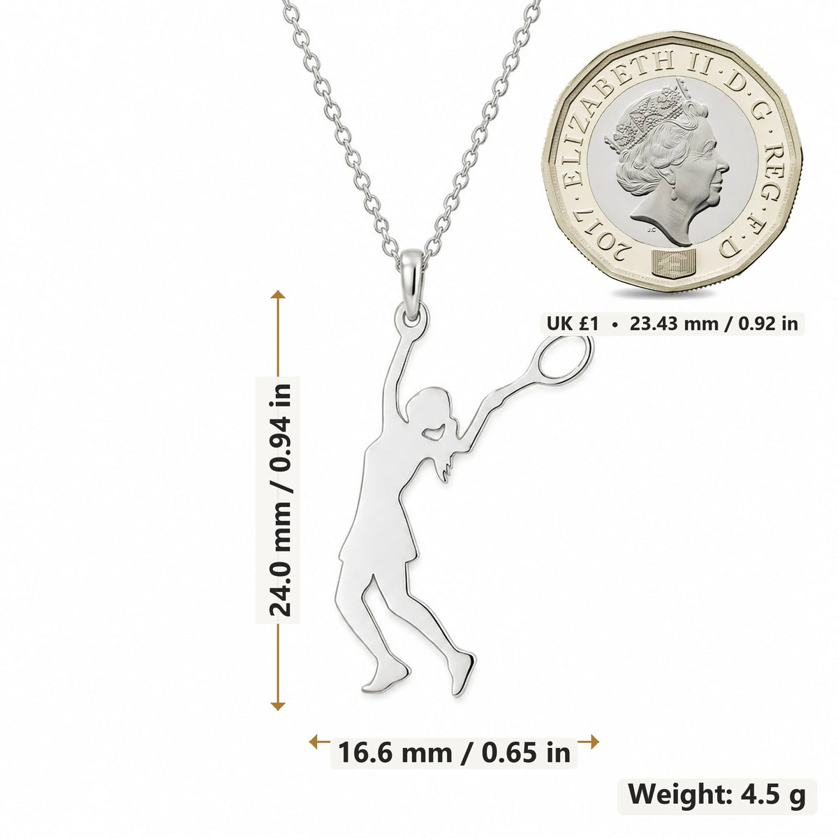 Tennis Player Serve pendant necklace size image showing 24.0 mm height, 16.6 mm width and 4.5 g weight