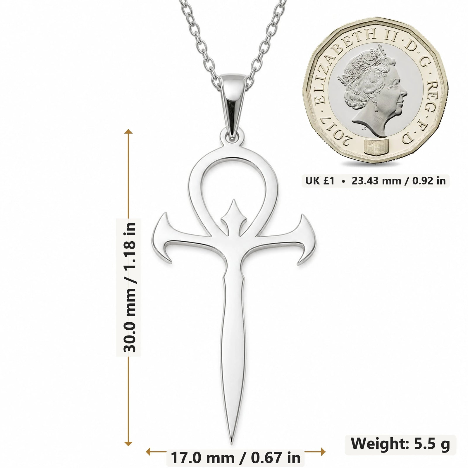 Gothic Ankh Dagger pendant necklace size image showing 30.0 mm height, 17.0 mm width and 5.5 g weight