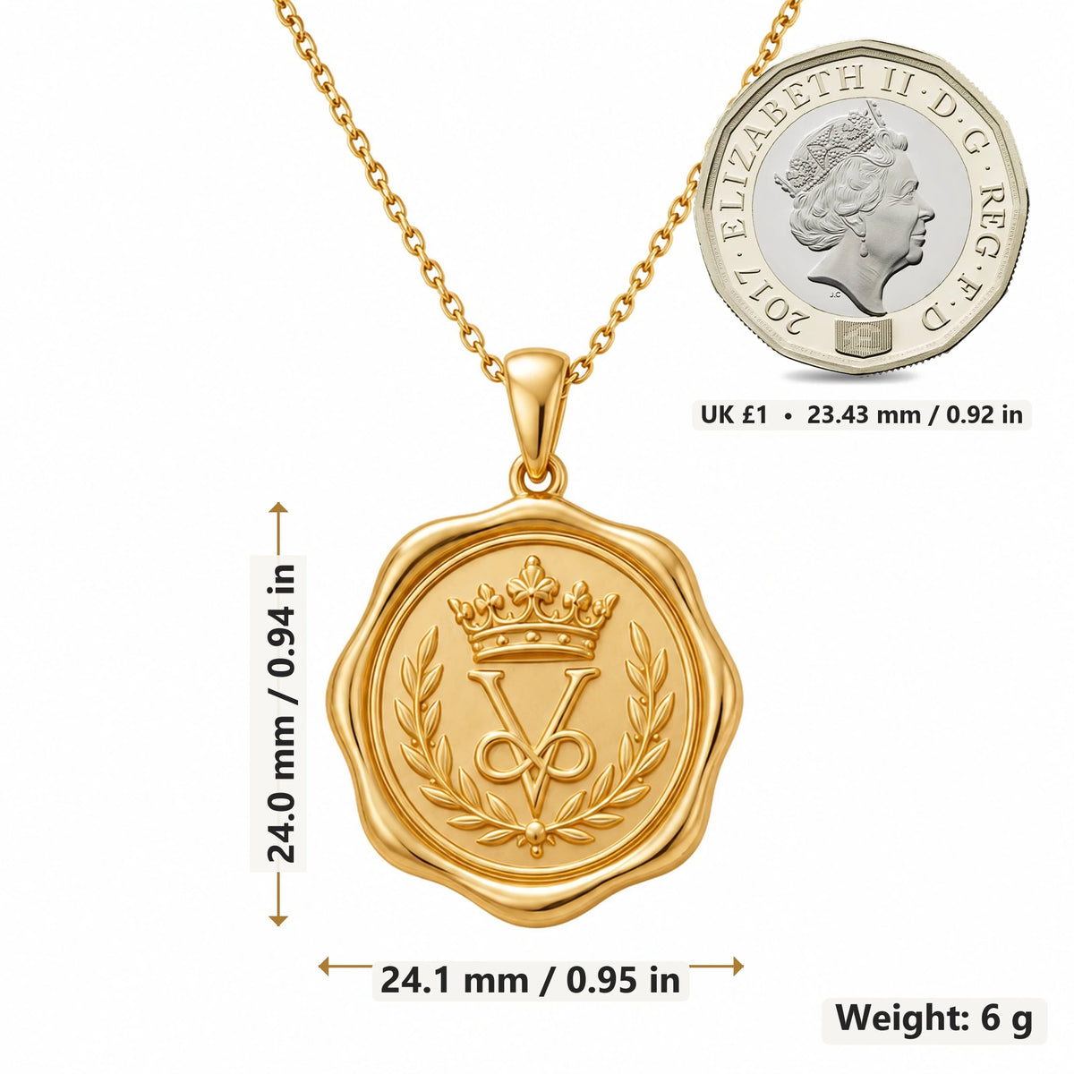 Crown Seal Medallion pendant necklace size image showing 24.0 mm height, 24.1 mm width and 6 g weight