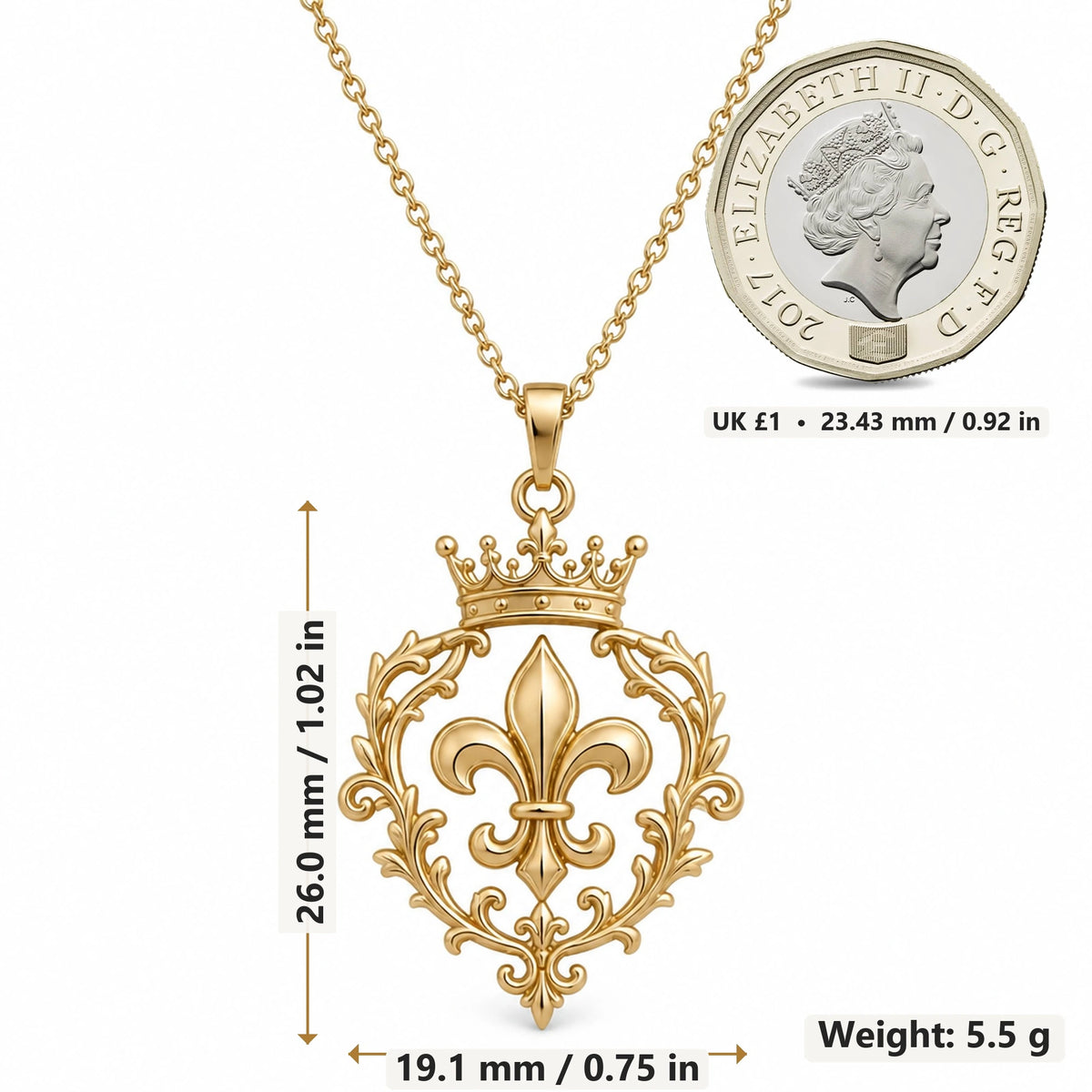 Sovereign Fleur Crest pendant necklace size image showing 26.0 mm height, 19.1 mm width and 5.5 g weight