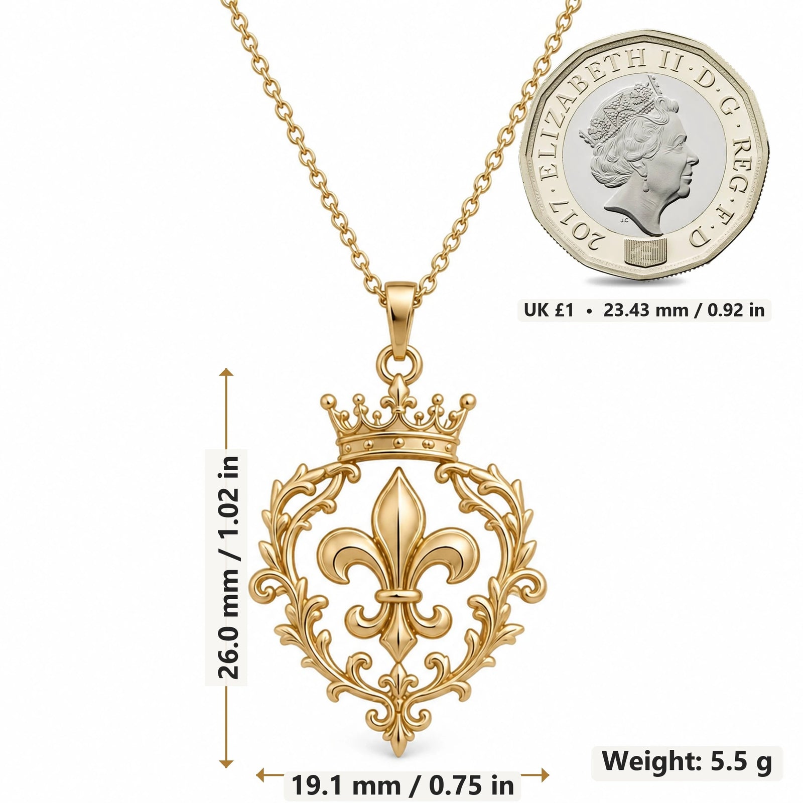 Sovereign Fleur Crest pendant necklace size image showing 26.0 mm height, 19.1 mm width and 5.5 g weight