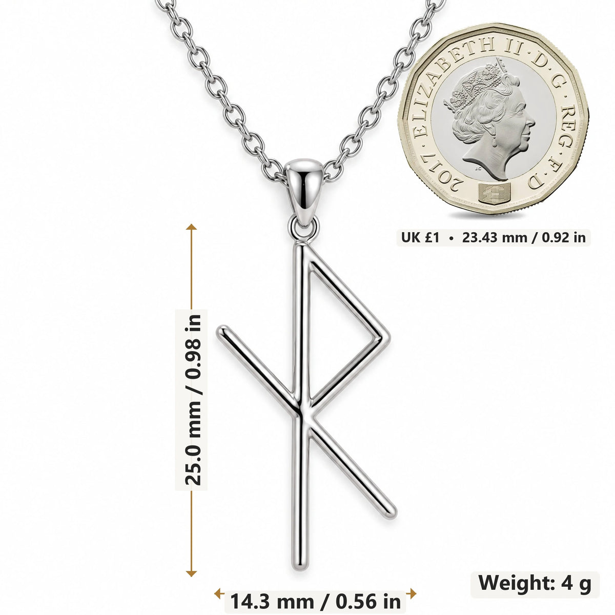 Safe Travel Bind Rune pendant necklace size image showing 25.0 mm height, 14.3 mm width and 4 g weight