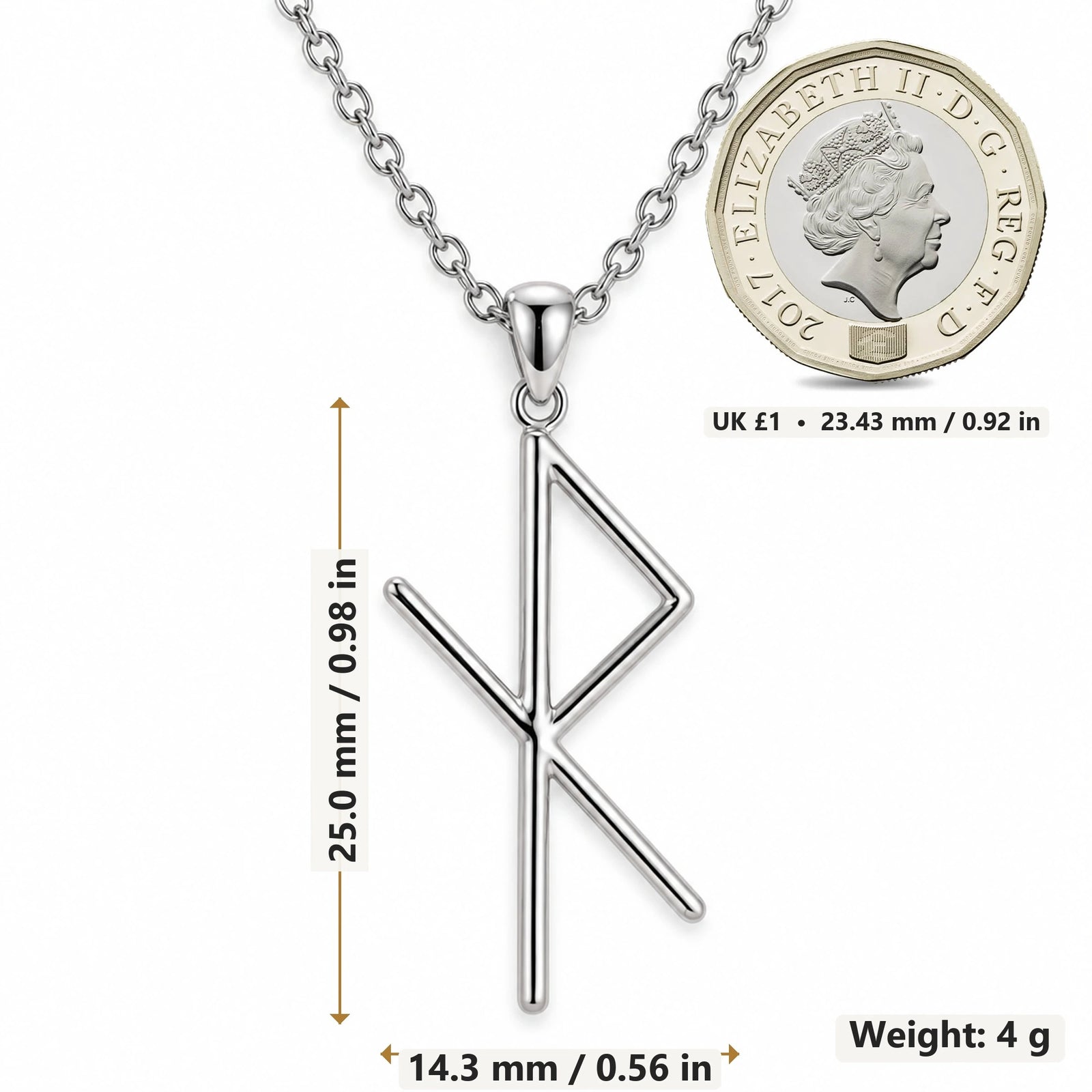 Safe Travel Bind Rune pendant necklace size image showing 25.0 mm height, 14.3 mm width and 4 g weight