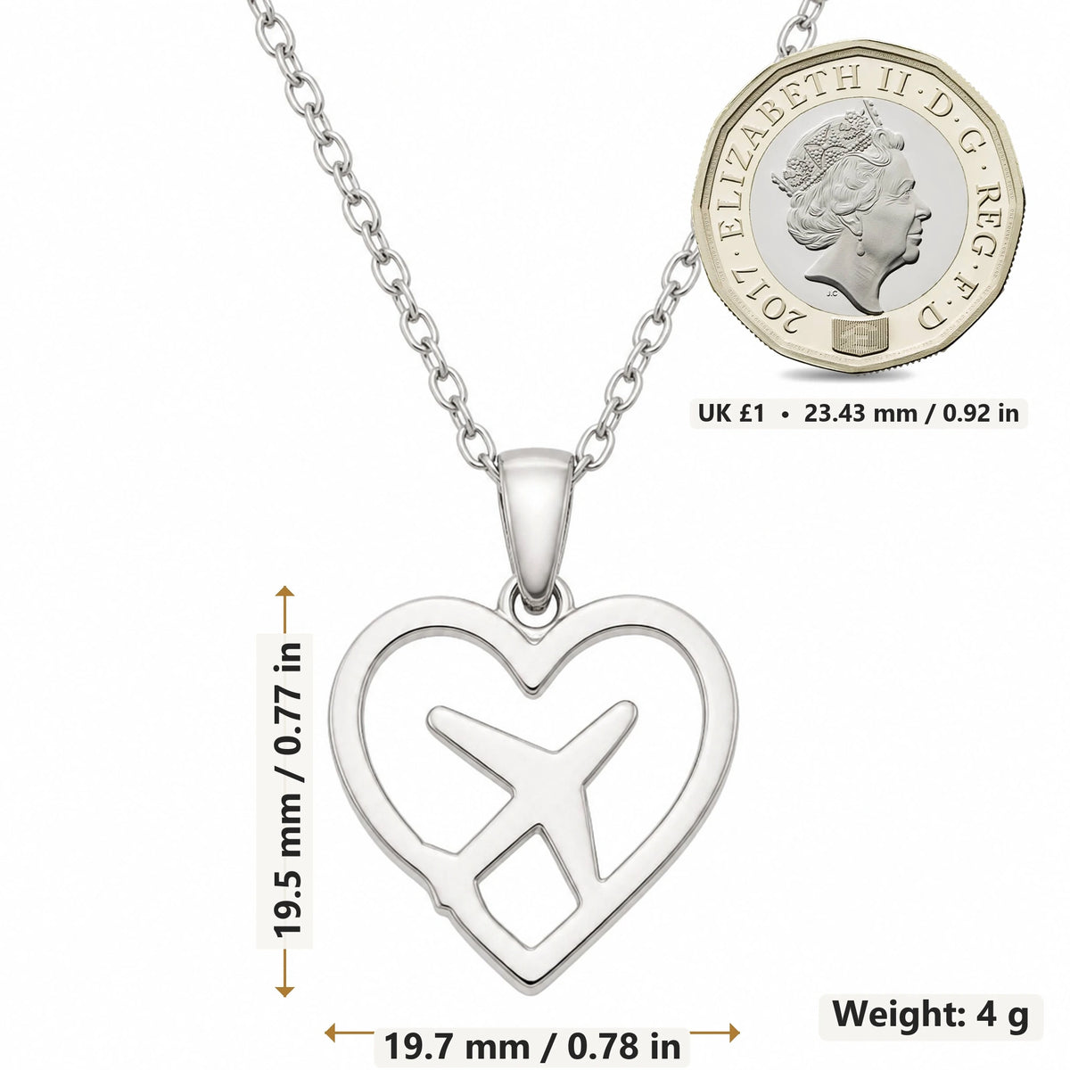 Heart Aeroplane pendant necklace size image showing 19.5 mm height, 19.7 mm width and 4 g weight