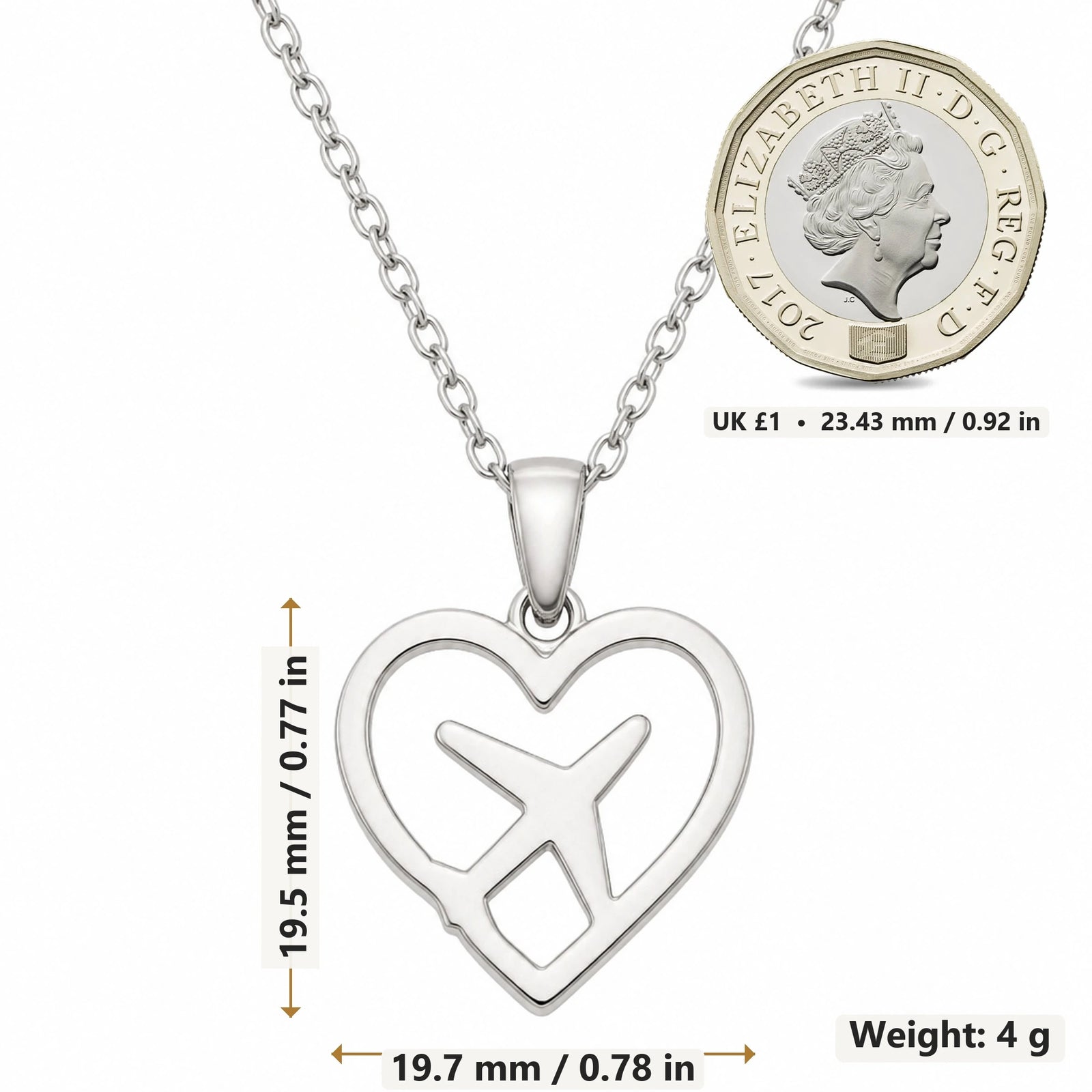 Heart Aeroplane pendant necklace size image showing 19.5 mm height, 19.7 mm width and 4 g weight