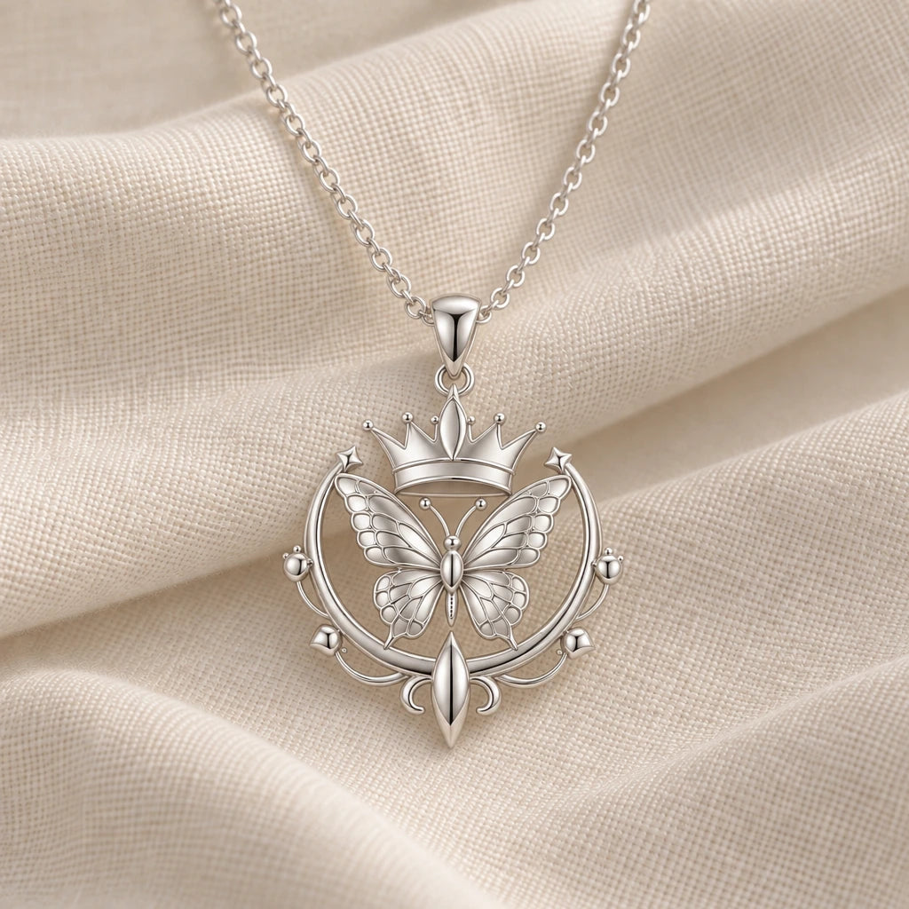 925 sterling silver butterfly crown pendant necklace on cream fabric