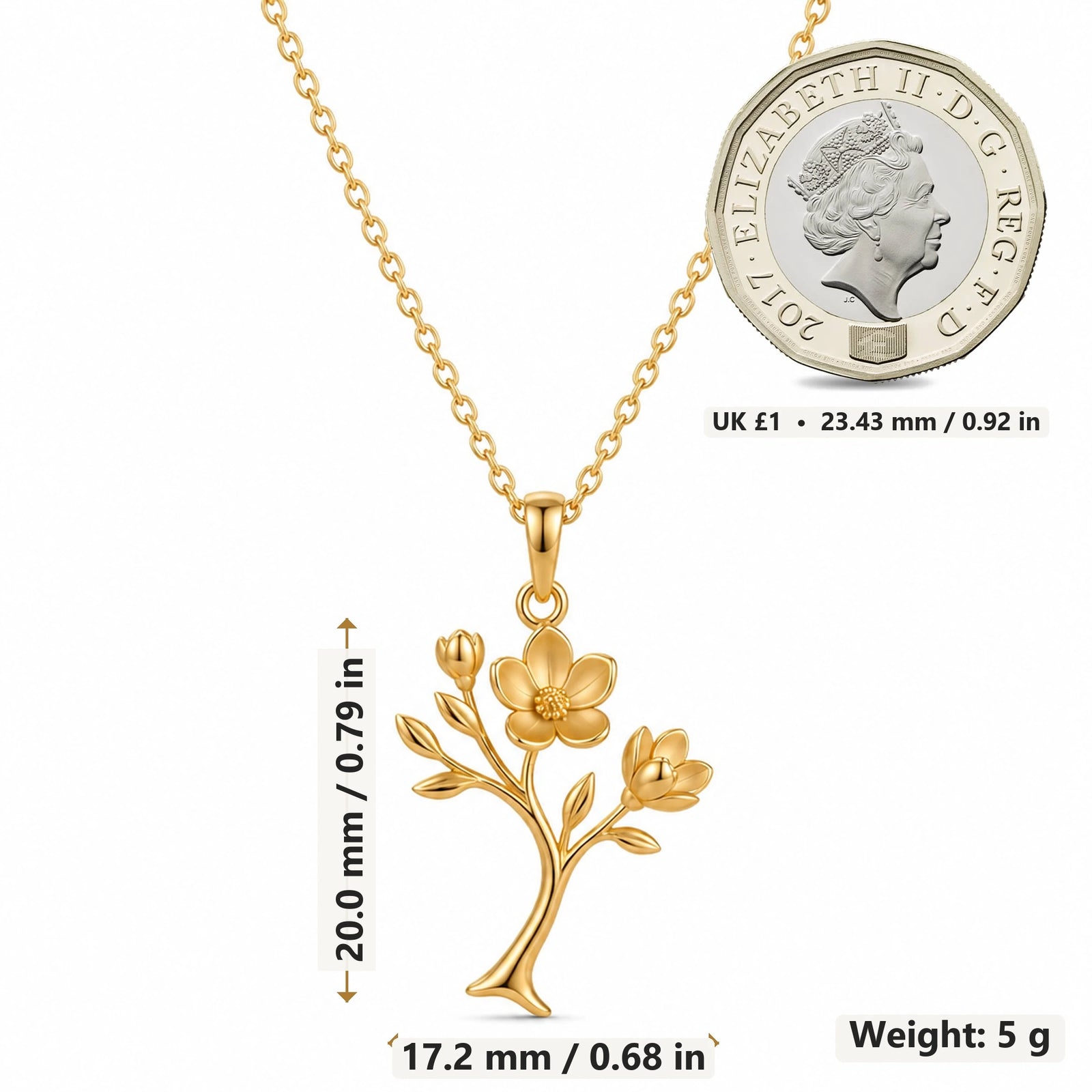 Magnolia Soft Bloom pendant necklace size image showing 20.0 mm height, 17.2 mm width and 5 g weight