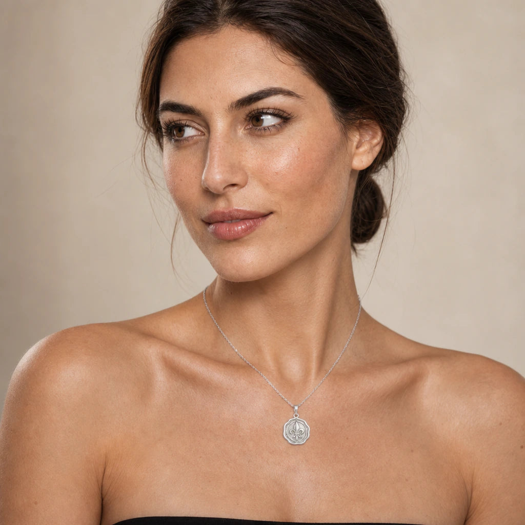 Fleur de Lis Wax Seal pendant necklace worn on a model, front close-up